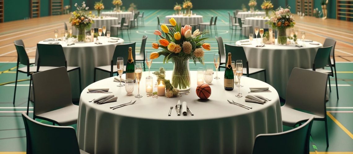 DALL·E 2024-04-19 00.18.31 - A small celebration inside a sports hall, featuring standing tables adorned with champagne glasses and bouquets of German spring flowers like tulips a